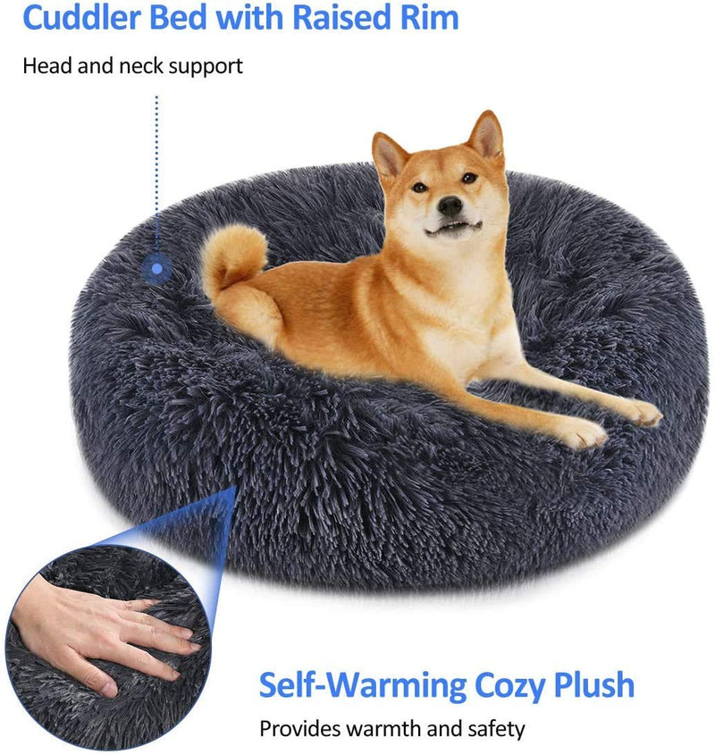 FOCUSPET Dog Bed Cat Bed Donut, Pet Bed Faux Fur Cuddler Round Comfortable for Small Medium Large Dogs Ultra Soft Calming Bed Self Warming Indoor Sleeping Bed Multiple Sizes (20''/24''/32''/40''/46'') S(20'' x 20'' x 8'') Dark Bule - PawsPlanet Australia