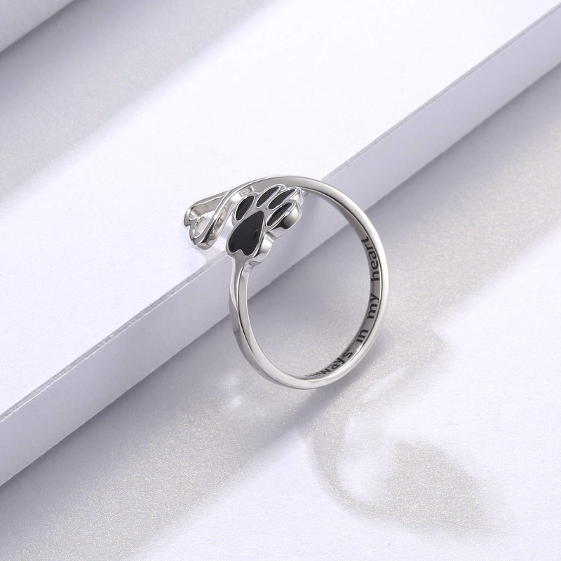 Puppy Pet Lovers Paw Print Ring Heart 925 Sterling Silver Adjustable Ring Pet Animal Jewelry Creative Pierced Love Dog Cat Claw Ring Pet Loving Friend Families Gifts Black heart paw ring - PawsPlanet Australia