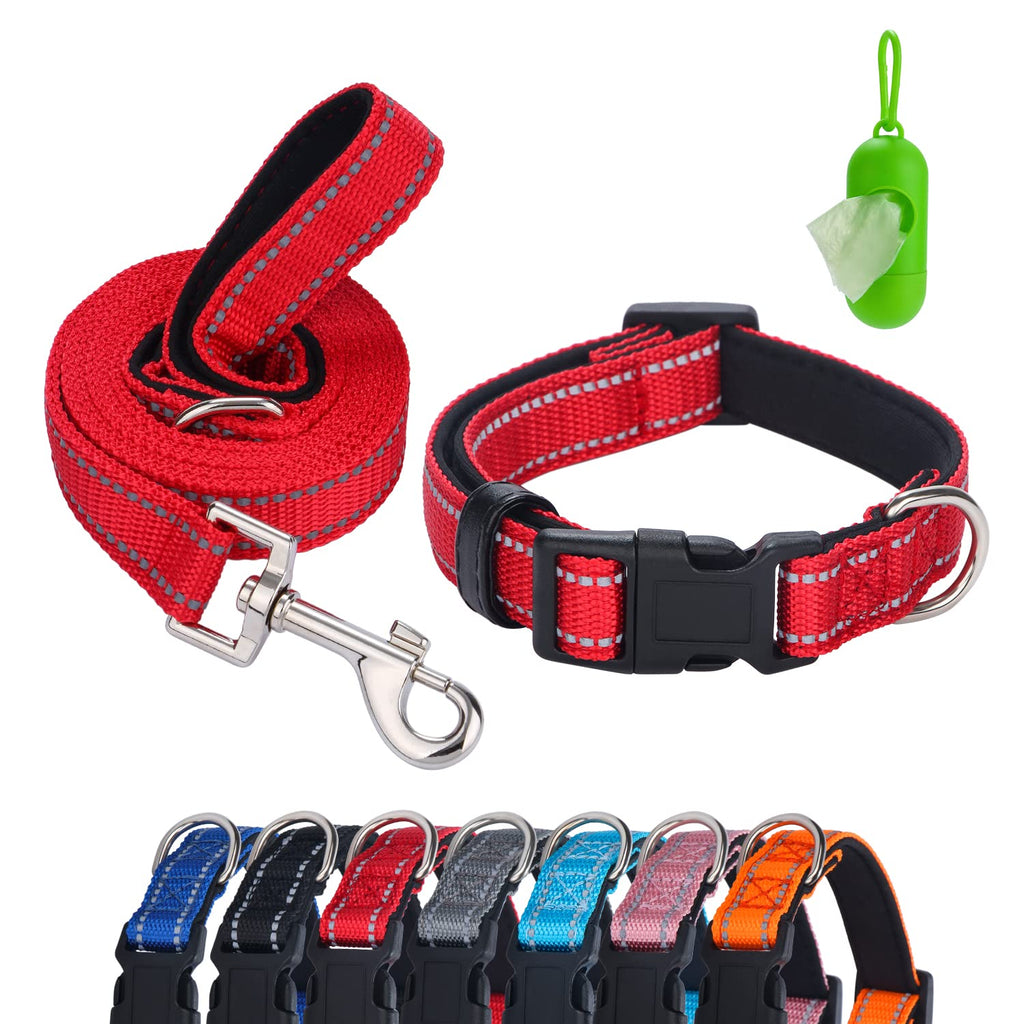 Faleela Reflective Dog Collar and Leash Set with Poop Bags and Dispenser,Adjustable Nylon Dog Collars for Small Medium Large Dogs,Comfortable Padded with Soft Neoprene Breathable (Large, Red) - PawsPlanet Australia