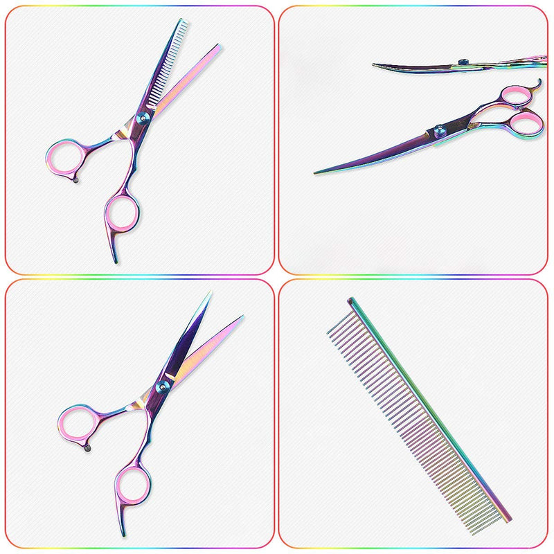 INTSUN Dog Grooming Scissors Kit , Pet Grooming Scissors for Dog Professional Pet Trimmer Kit Grooming Shears Thinning 7-inch Cutting Scissors, Thinning Shear, Curved Scissors, Grooming Comb (Rainbow) - PawsPlanet Australia