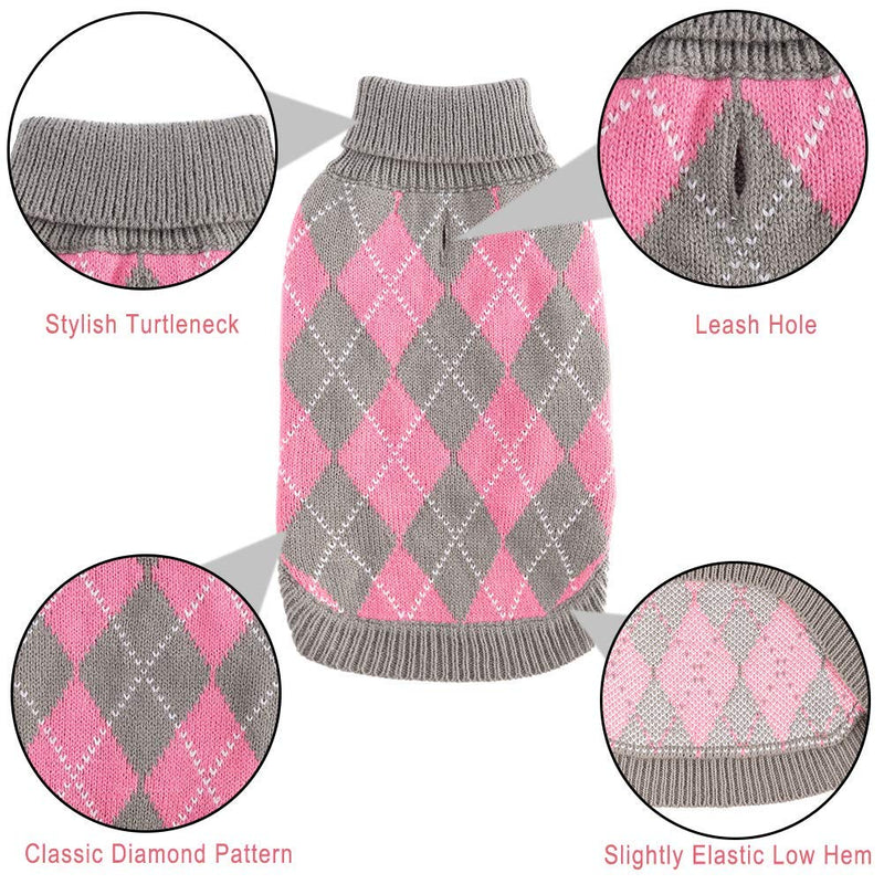 [Australia] - PAWCHIE Classic Dog Sweater Knit Turtleneck, Plaid Knitwear Sweaters, Warm Clothes for Small to Large Dogs XS Grey & Pink 