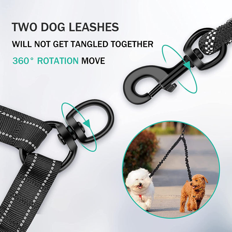 Double leash, no tangle, reflective dog leash for two dogs, double leash with padded handles, highly elastic short holder, for two dogs for walking/training - PawsPlanet Australia