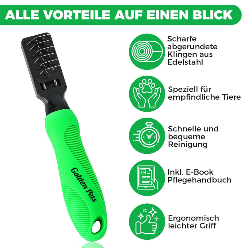 Golden Pets de-matting knife Removes knots and tangles from short to long-haired fur Suitable for small - large animals Rounded blade + free care manual - PawsPlanet Australia