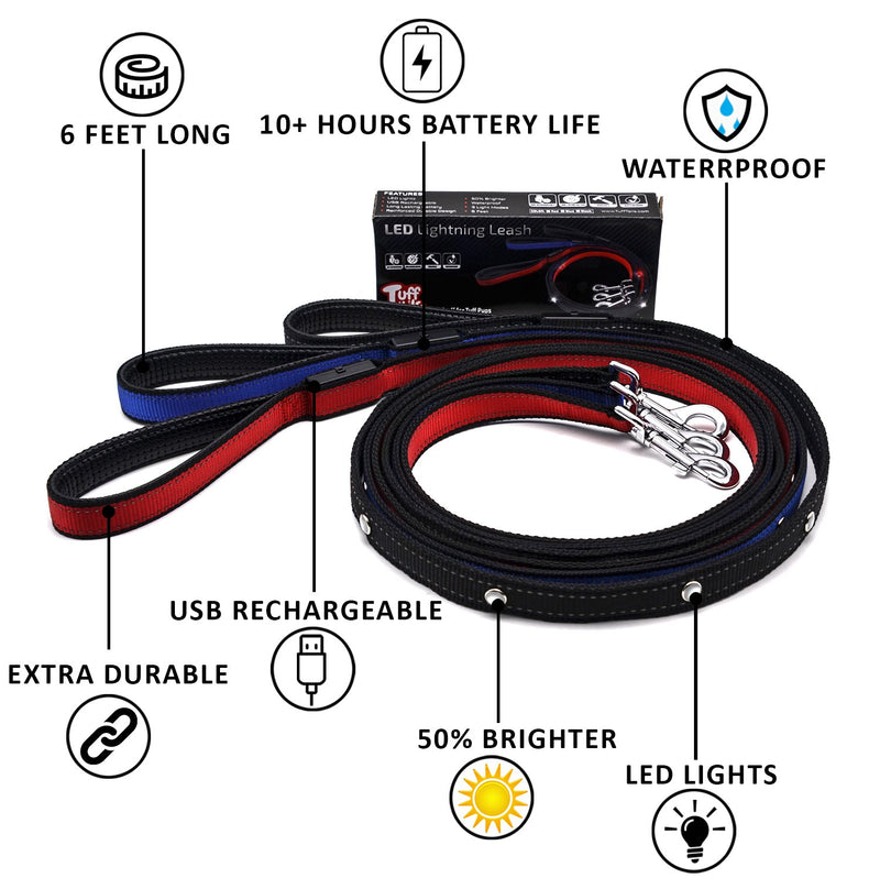 [Australia] - Tuff Tails LED Lightning Dog Leash – USB Rechargeable | Super Bright for Night Visibility & Safety | Durable | Waterproof | Extra Long Black 
