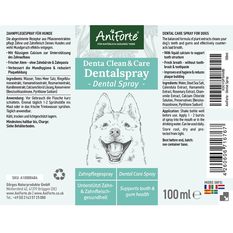 AniForte Denta Clean & Care dental spray for dogs - 100% natural extracts & calcium, removes plaque, bad breath spray for fresh breath, prevents plaque, tartar, dental care spray - PawsPlanet Australia