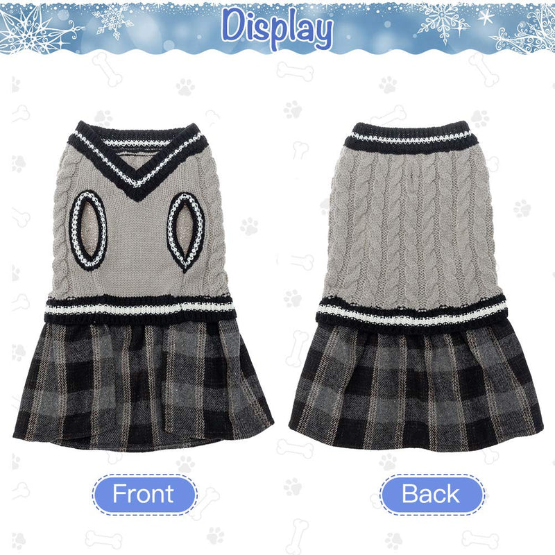 BINGPET Cute Dog Sweater Dress - Warm Pullover Puppy Cat Knit Clothes with Classic Plaid Pattern for Fall Winter X-Small Grey - PawsPlanet Australia