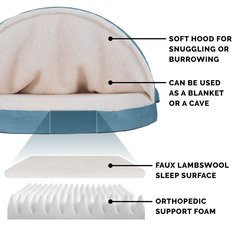 [Australia] - Furhaven Pet Dog Bed | Therapeutic Round Cuddle Nest Snuggery Burrow Blanket Pet Bed w/ Removable Cover for Dogs & Cats - Available in Multiple Colors & Styles 26" Base Orthopedic Foam Sherpa Blue 
