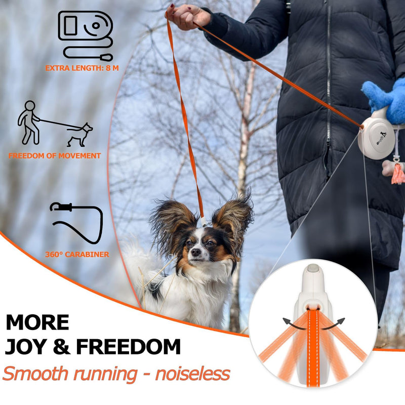bluzelle 8m long dog leash for dogs up to 50kg, flexible retractable leash, neon orange, bright reflector strap with 360° metal carabiner hook, ergonomic handle, gray rubberized & retraction brake, white - PawsPlanet Australia