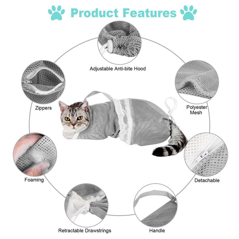 Cat Bag for Bathing 8 PCS Set with Cat Shower Net Bag Adjustable Pet Grooming Brush Nail Clipper Nail File Hair Combs Tick Tool Nail Caps, Nail Trimming Bath Cleaning Supplies Kit for Cats & Dogs Grey - PawsPlanet Australia