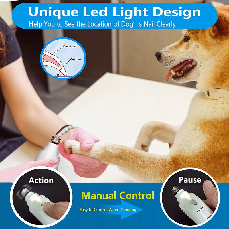 Dog Nail Grinder with LED Light - New Version - Left & Right-Speed, Manual Control, Powerful 2000mA Motor, Professional Electric Pet Nail Trimmer Painless Paw Grooming & Smoothing for Dogs and Cats White - PawsPlanet Australia