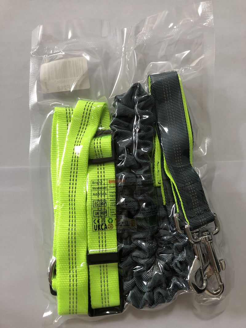 QitinDasen Hands-Free Dog Leash, Green Adjustable Waist Belt and Gray Stretchy Bungee Leash, Jogging Dog Leash with Reflective Stitching - PawsPlanet Australia