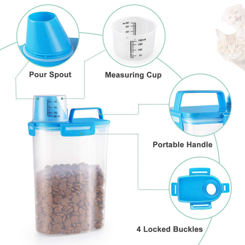 Yicostar Pet Food Storage Container, Airtight Small Dog Food Container Cat Food Container with Measuring Cup, Upgraded Large Pour Spout and 4 Seal Buckles Food Dispenser for Pets Food and Birds Seed Blue - PawsPlanet Australia