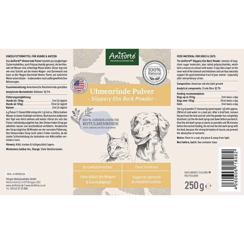 AniForte American Elm Bark Powder for Dogs and Cats 250g - Slippery Elm Bark, Natural Product Supports Intestinal Flora & Gastrointestinal Tract 250g (Pack of 1) - PawsPlanet Australia