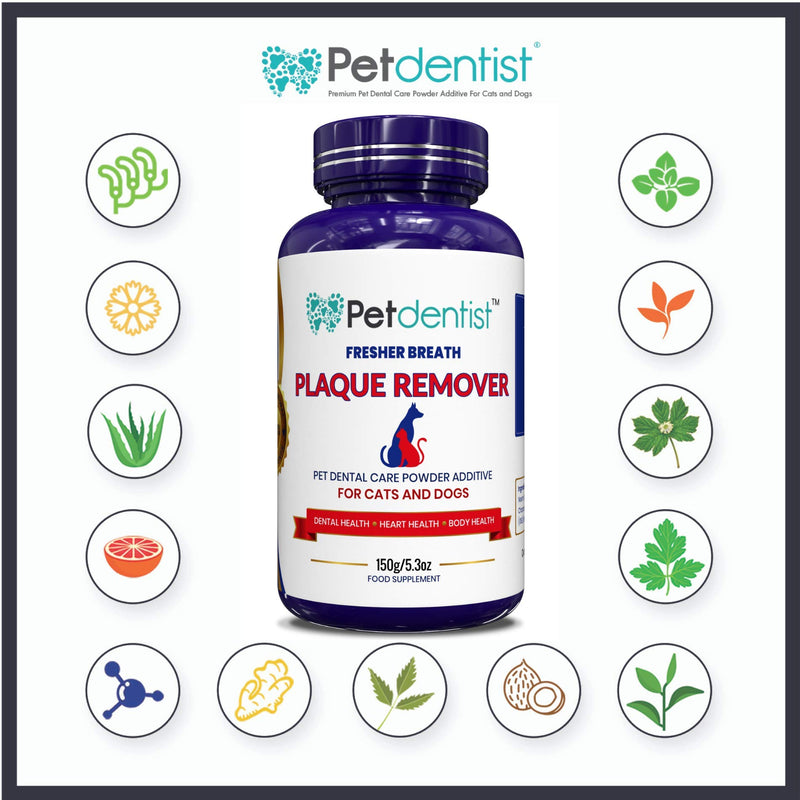 Petdentist- Premium Plaque Remover for Dogs and Cats Dental Care Powder, Promotes Dog Teeth Cleaning, Fresh Breath and Takes Tartar Plaque Off Dogs Easily, Best for Dog Bad Breath and Gums -150g - PawsPlanet Australia