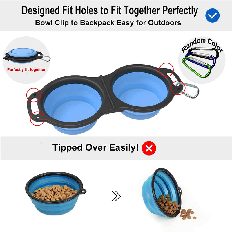 Tmsuxin Collapsible Dog Bowls Water, Portable Travel Pet Food Feeding Cat Bowl, Foldable Portable Double Bowls Design with Free Carabiner Cat Food Scoops, Suitable for Traveling, Hiking, Camping Blue - PawsPlanet Australia