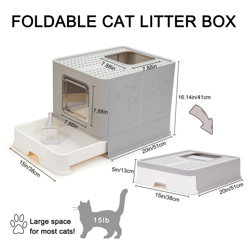 Suhaco Foldable Cat Litter Box with Lid, Large Enclosed Cat Litter Boxes, Top Entry Cat Potty, Easy to Clean Anti-Splashing Litter Pan Including Litter Scoop (Grey) Grey - PawsPlanet Australia