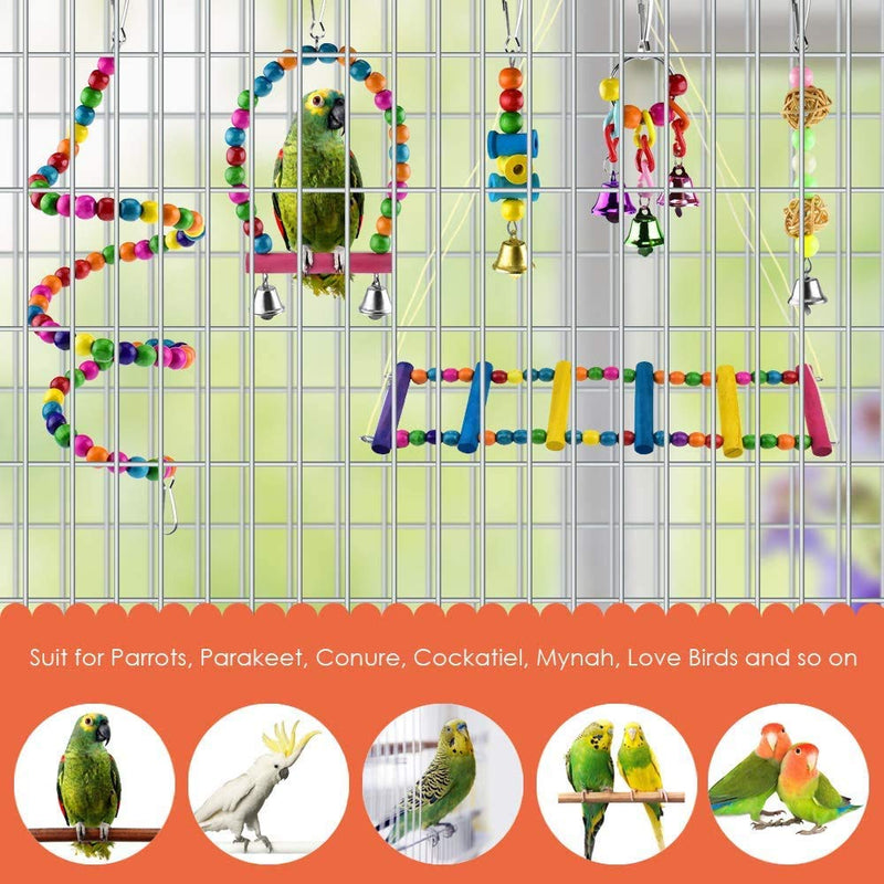 123 Life Bird Parrot Toys Pet Bird Toys Wooden Hanging Stand Ladder Bird Swing Chewing Toys Hanging Bell Pet Bird Cage Hammock Swing Toy Parakeets Cockatiels Conures Macaws Love Birds Finches 6PCS - PawsPlanet Australia