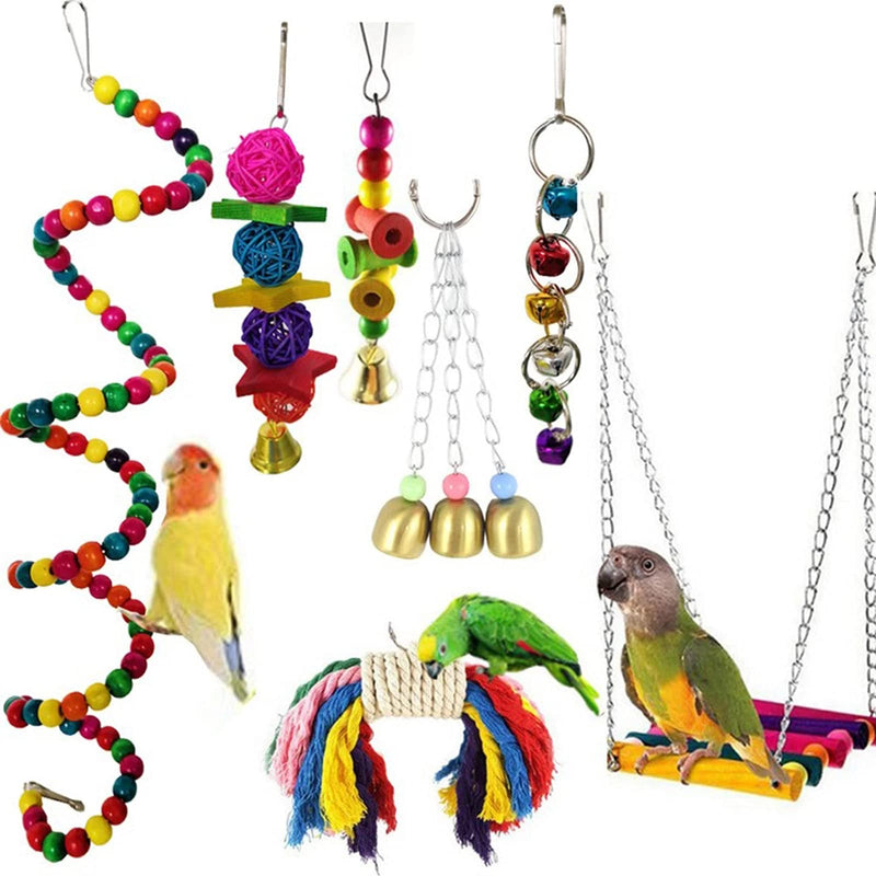 SEASY 7 Pcs Bird Swing Chewing Toys-Hanging Bell Pet Bird Cage Hammock Swing Toy Hanging Toy for Small Parakeets Cockatiels, Conures, Macaws, Parrots, Love Birds, Finches 7pcs - PawsPlanet Australia