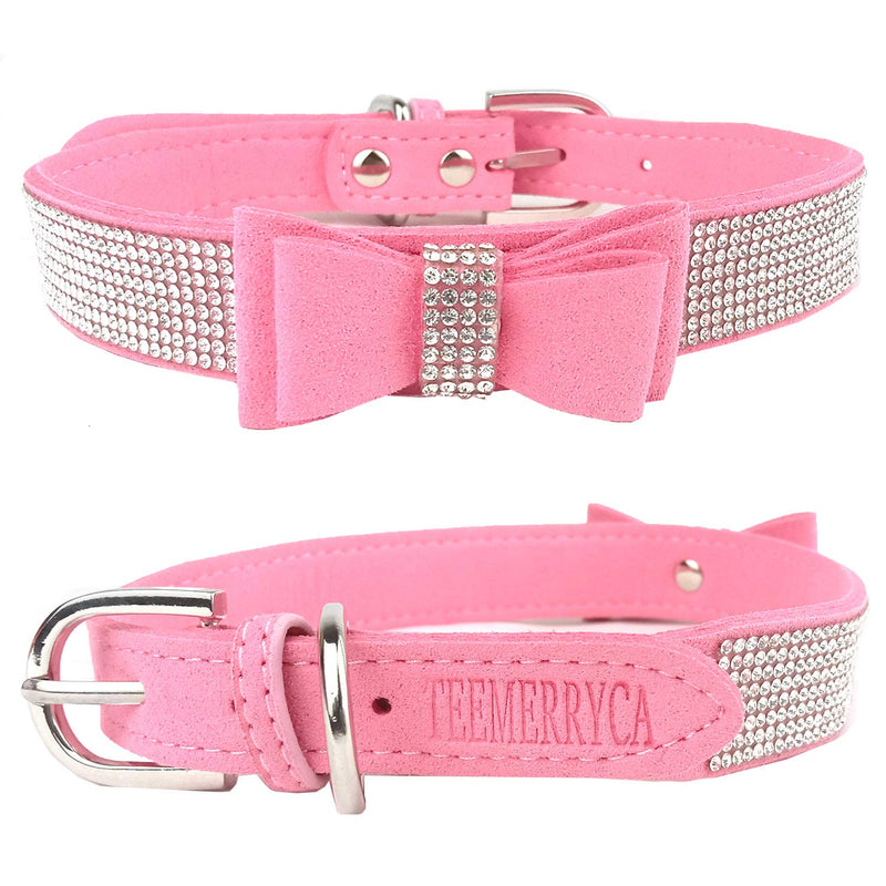 [Australia] - teemerryca Pink Bling Diamond Dog Collars with Bow Girl Breakaway Safety Cat Collar Sparkly Rhinestone Dog Leash Christmas Decorative Necklace XL Neck 15.3"-19.3" suede diamond bow collar 