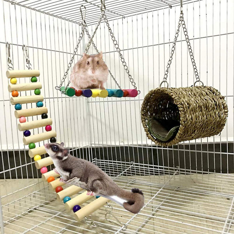SANON 3pcs Hamster Suspension Bridge,Pet Hamster Hanging Toy Set Hanging Bed Wood Ladder Swing Cage Toy for Squirrel Chinchilla Rat Playing Sleeping - PawsPlanet Australia