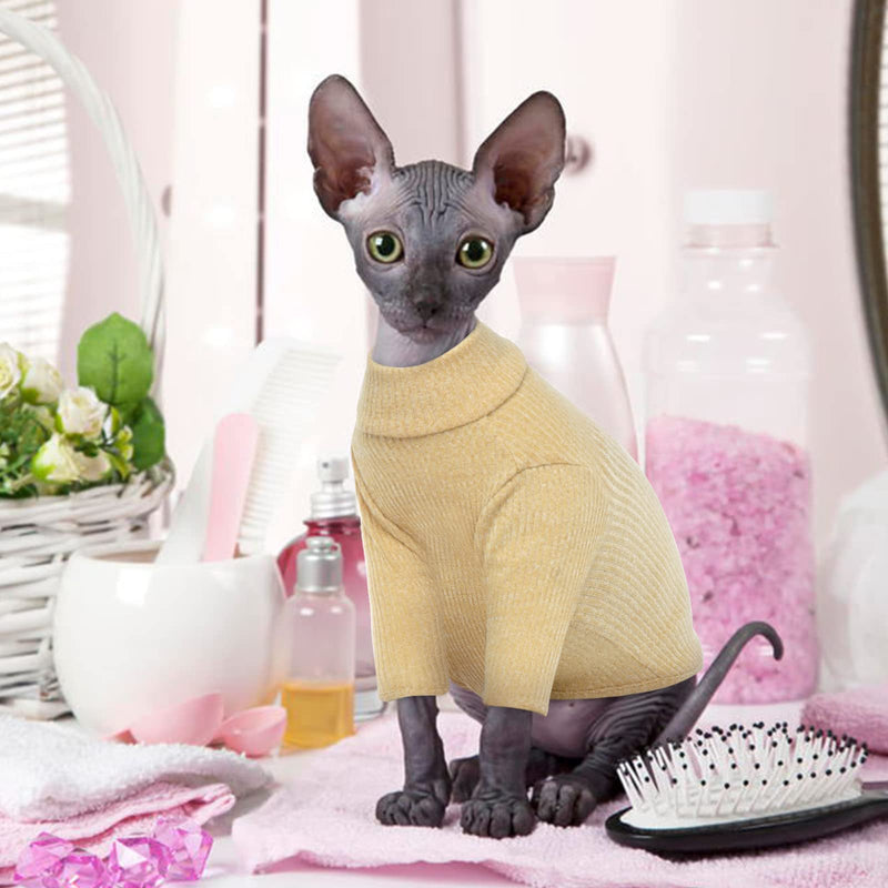 Hairless Cat Vest Turtleneck Breathable Adorable Cat Clothes Pullover Kitten T-Shirts with Sleeves Cat Pajama Jumpsuit for Sphynx, Cornish Rex, Devon Rex, Peterbalg XL(8.8-10lbs) Khaki - PawsPlanet Australia