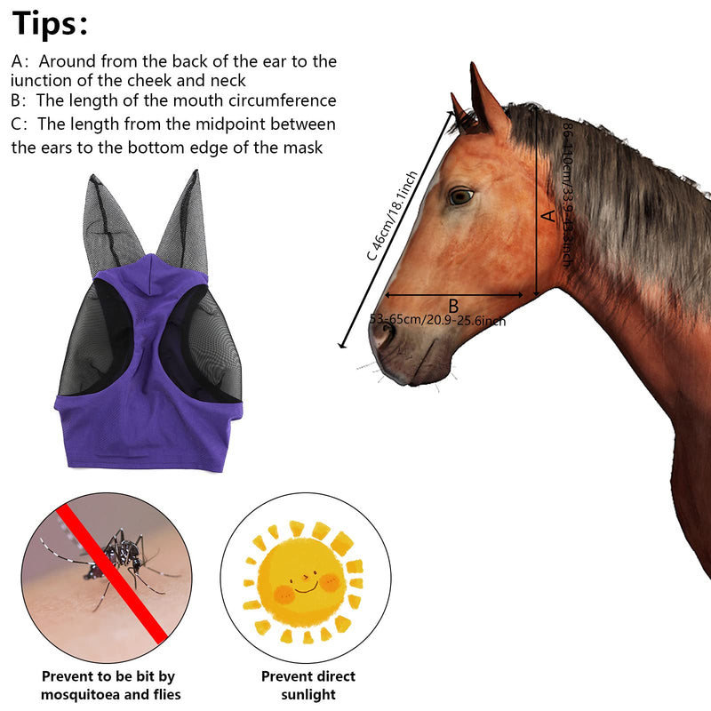 AIEX Horse Fly Mask Pony Mask with Mesh Eyes and Ears Breathable Fabric Smooth and Elasticity Horse Fly Mask with UV Protection (Purple) - PawsPlanet Australia