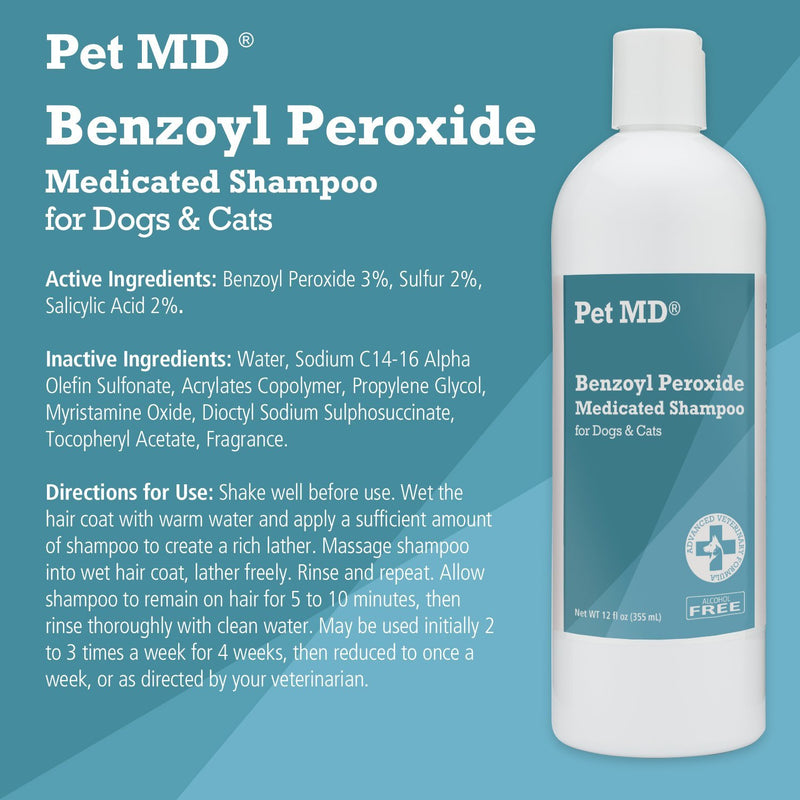 [Australia] - Pet MD Benzoyl Peroxide Medicated Shampoo for Dogs and Cats, Effective for Seborhhea, Dandruff, Mange, Itch Relief, Acne and Folliculitis, Citrus Scent, 12 oz. 