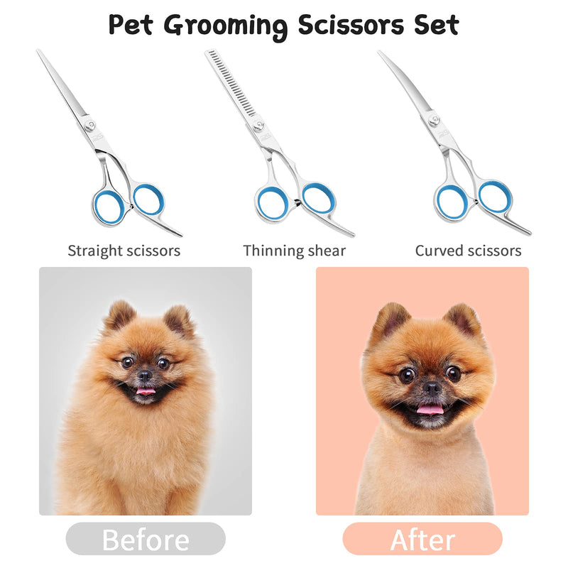 Ruisita 7 Piece Dog Cat Grooming Scissors Kit Pet Grooming Scissors Set Dog Hair Scissors Dog Nail Clippers Nail File Pet Comb Stainless Steel Pet Trimmer Kit with Storage Bag, Blue - PawsPlanet Australia