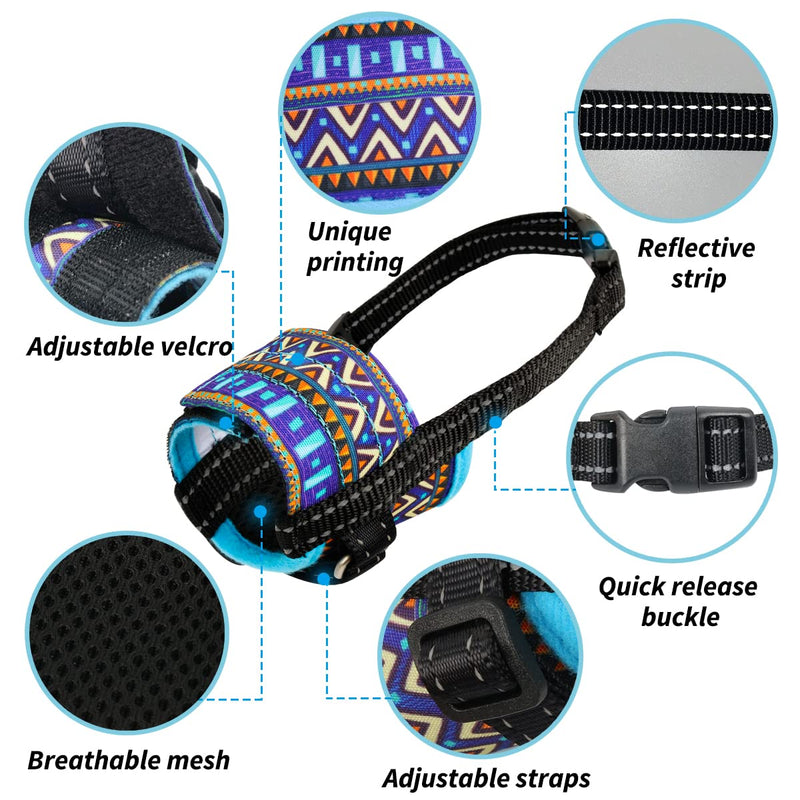 BARKLESS Dog Muzzle, Soft Nylon Print Muzzle for Small Medium Large Dogs Labrador, Jack Russell, Breathable Mesh Muzzle Anti Biting Chewing, Dog Mouth Cover for Grooming and Vet Visit S Blue - PawsPlanet Australia