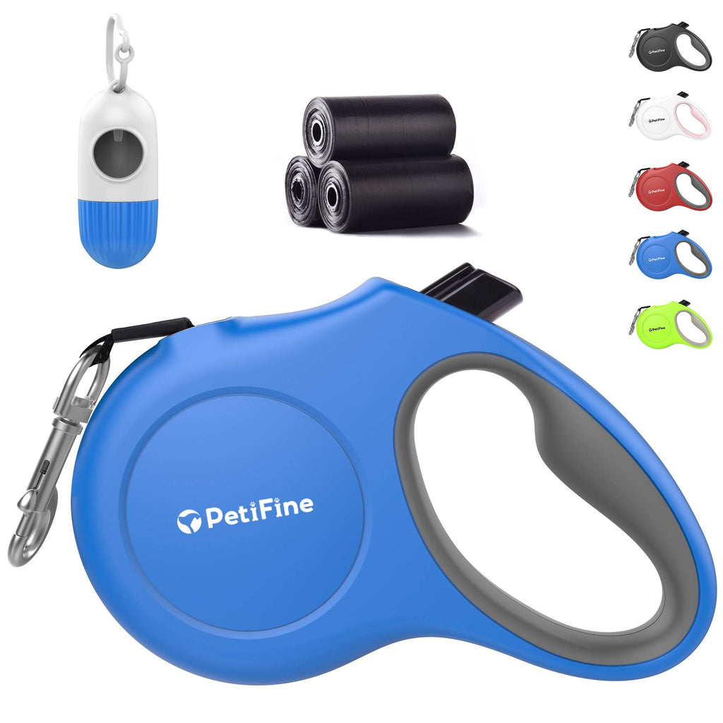 PetiFine rope retractable leash 5M strong, extendable reflective reel leash with 1 dispenser 60 poop bags, anti-slip handle, for medium dogs (M, 20KG, blue) M - 5 m - up to 20 kg - PawsPlanet Australia