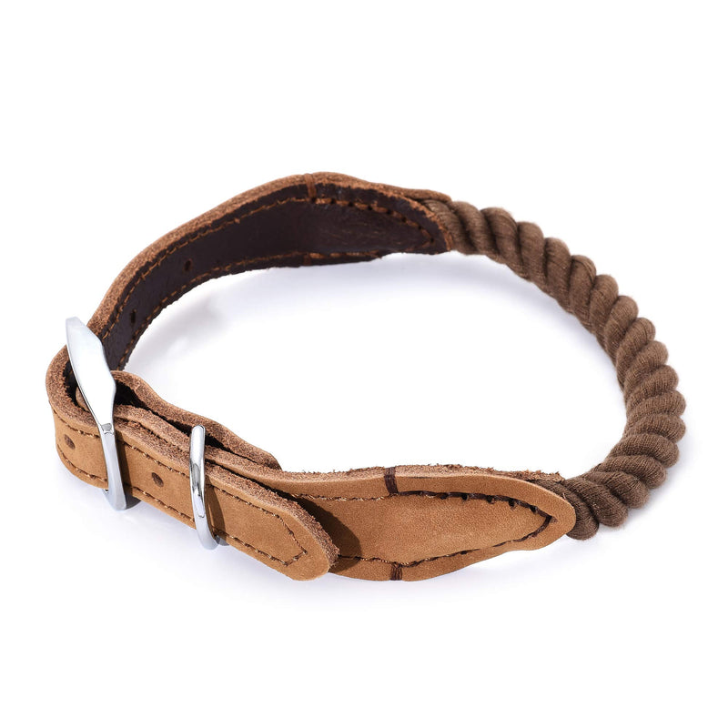 Mile High Life | Premium Cotton Rope Dog Collar | Stainless Steel Pin Buckle Ring Dog Collar | Genuine Leather Belt Collar | For Medium Dog Large Dogs(Dark Brown, Medium Neck 14"-18" -40 lb) Dark Brown - PawsPlanet Australia