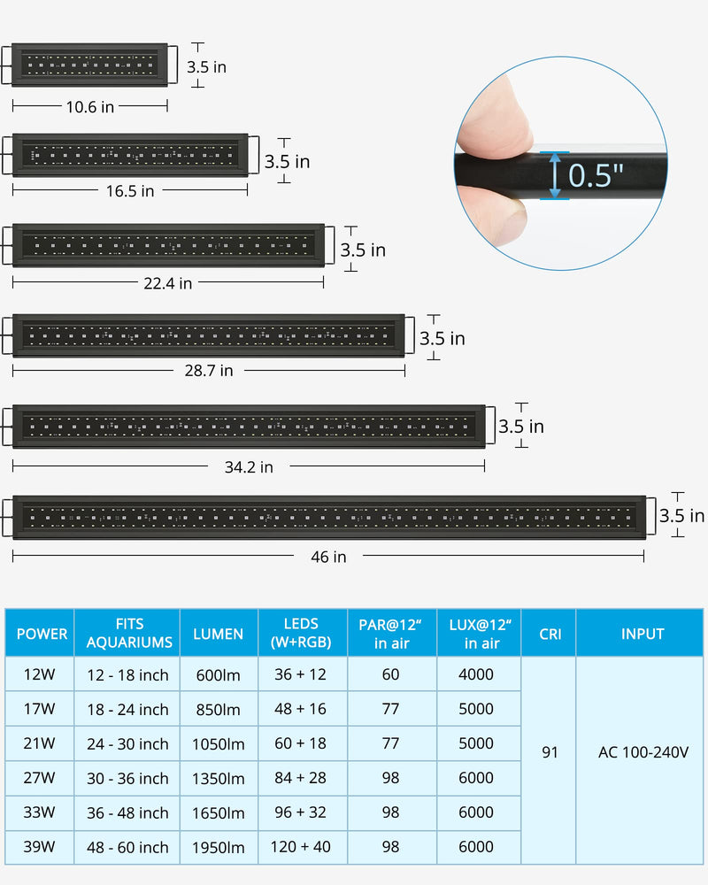 NICREW RGB+W 24/7 LED Aquarium Light with Remote Controller, Full Spectrum Fish Tank Light for Planted Freshwater Tanks, Planted Aquarium Light with Extendable Brackets to 12-18 Inches, 12 Watts 12 - 18 in - PawsPlanet Australia