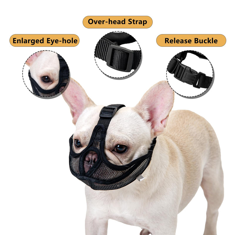 French Bulldog Muzzle, Won't Cover Forehead Dog Muzzle for Short Snout Dog, Adjustable Breathing Mesh, Anti Biting Chewing Barking(S,Black) S Black - PawsPlanet Australia