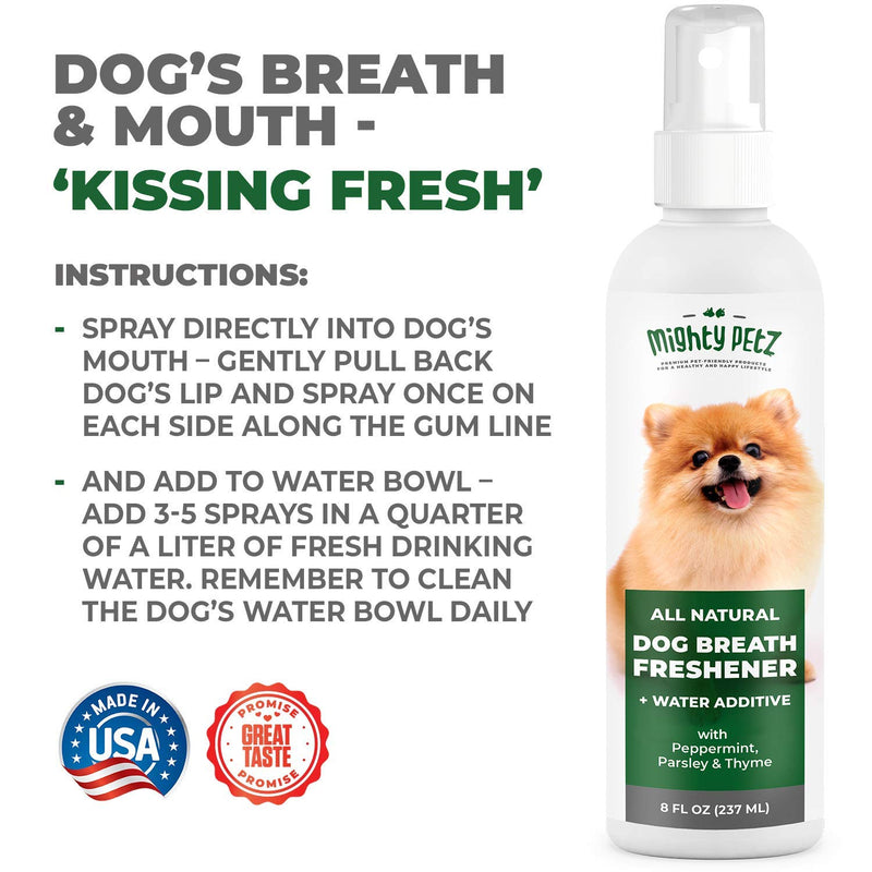 2-in-1 Dog Breath Freshener Spray & Water Additive – All Natural Dog Dental Care That Fights Bad Breath, Plaque & Tartar. Dog Teeth Cleaning and Fresh Breath with No Brushing, 8 oz. - PawsPlanet Australia