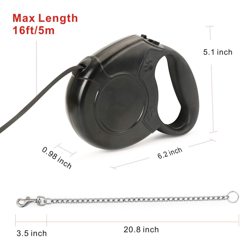 Idepet Heavy Duty Retractable Dog Leash for Small and Medium Dogs, Anti-Chewing Steel Chain 360 Degree Tangle-Free,Break and Lock System,16ft Leash for Dog Walking Black Flat Rope - PawsPlanet Australia