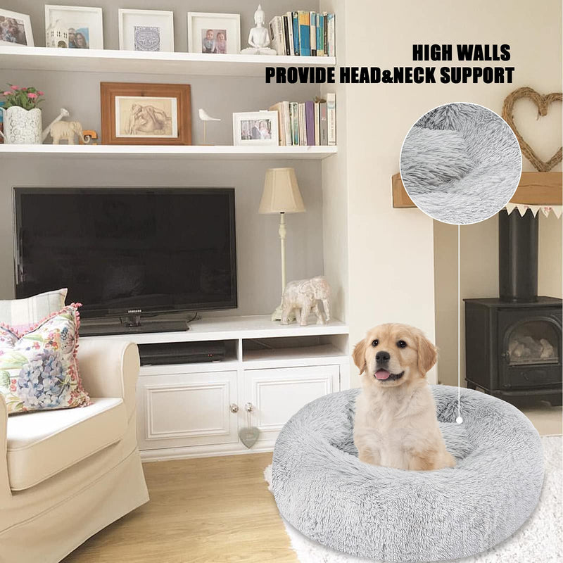 Calming Dog Bed Cat Bed, Anti-Anxiety Donut Dog Cuddler Bed, Machine Washable Round Pet Bed, Comfy Faux Fur Plush Dog Cat Bed for Small Medium Large Dogs and Cats (23"/30"/36") Small 23" x 23" Light Grey - PawsPlanet Australia