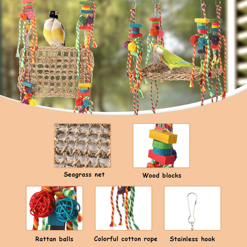 AFUOWER Bird Toys, Bird Foraging Wall Toy, Parrot Chewing Toys Seagrass Woven Hammock Swing Mat Toys with Colorful Ropes Wooden Blocks for Parakeets, Lovebirds, Cockatiels, Conures (Hammock Swing) - PawsPlanet Australia