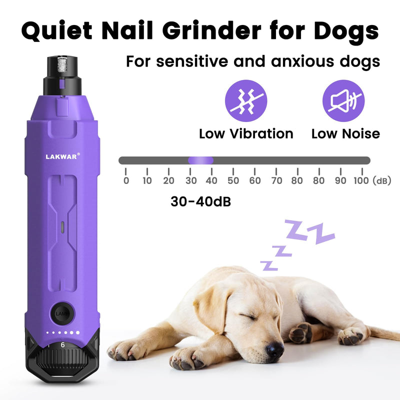 LAKWAR Upgraded 6 Speed Dog Nail Grinder with 2 LED Lights, Quiet Painless Powerful Pet Nail Trimmer for Dogs, Electric Nail File for Cats and Large Small Purple - PawsPlanet Australia