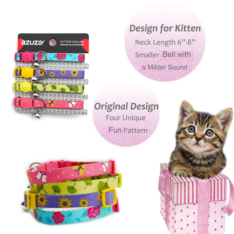 azuza 4 Pack Plaid Pattern Cat Collar Breakaway with Bell and Cat Collar Adjustable Cat and Kitten Collars Kitten(Neck:6"-8") Floral - PawsPlanet Australia