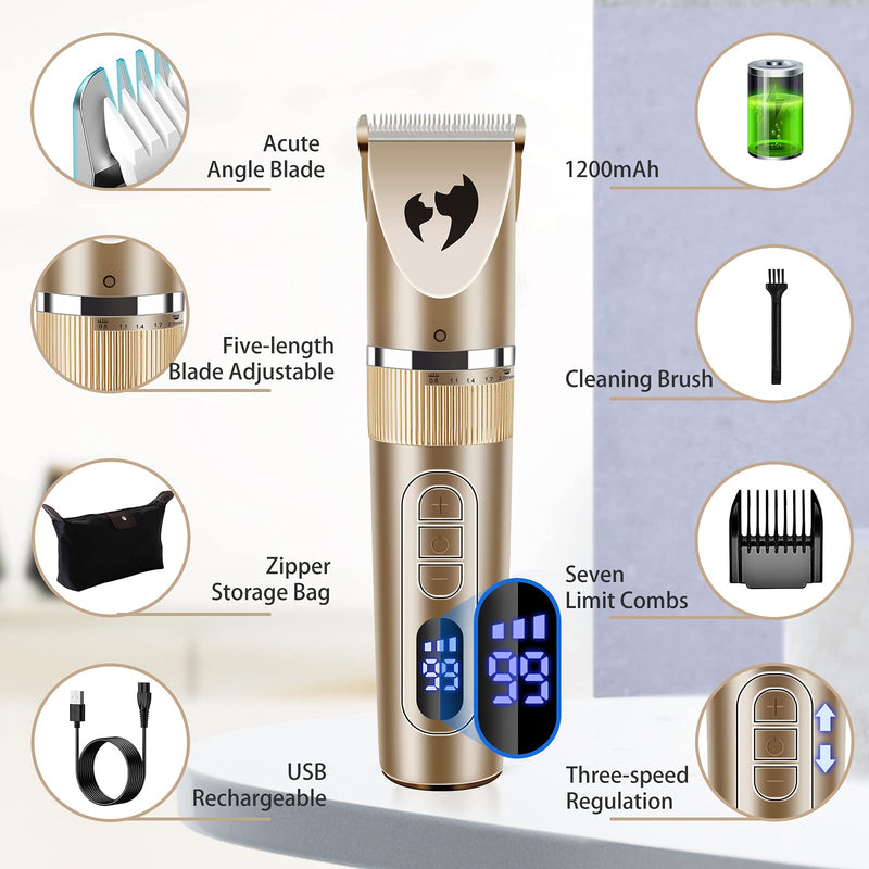 Aliopis Dog Clippers, Professional Waterproof Dog Clippers for Grooming Supplies Pet Large Small Dog Hair Trimmers 3-Speed USB Rechargeable Cordless Electrical Grooming Kit Shaver Clipper Low Noise Gold - PawsPlanet Australia