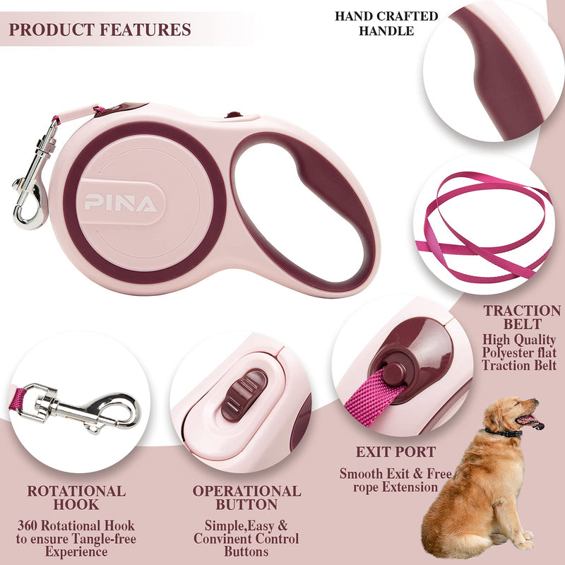 PINA Retractable Dog Leash, 16ft Dog Leash for Small Medium Dogs Up to 55lbs, 360° Tangle-Free Strong Reflective Nylon Tape, with Anti-Slip Handle, One-Handed Brake, Pause, Lock - Pink Red - PawsPlanet Australia