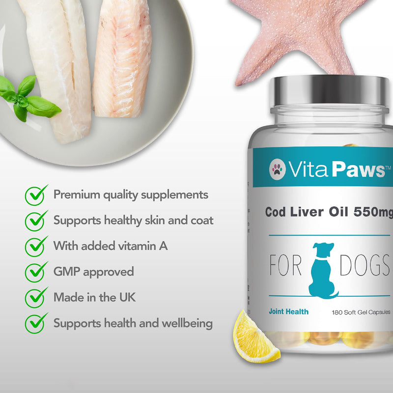 Cod Liver Oil for Dogs 550mg | 180 Soft Gel Capsules | Support The Health of The Skin and Coat | Manufactured in The UK - PawsPlanet Australia