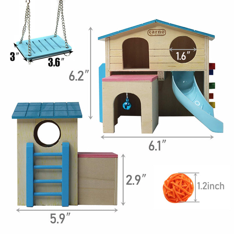 kathson Pet Small Animal Hideouts Drawf Hamster House Wooden Two Layers Huts with Funny Climbing Ladder Slide Play Swing Toys Rattan Chews for Mouse Syrian Hamster Blue - PawsPlanet Australia