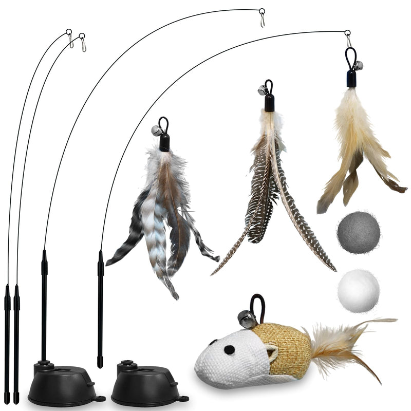 ROSAUI cat toy, 12 pieces cat fishing rod with 2 suction cups, cat toy self-occupation with mouse, natural interactive cat toy for cats, intelligence toy with feathers 2 suction cups - 12 pieces - PawsPlanet Australia