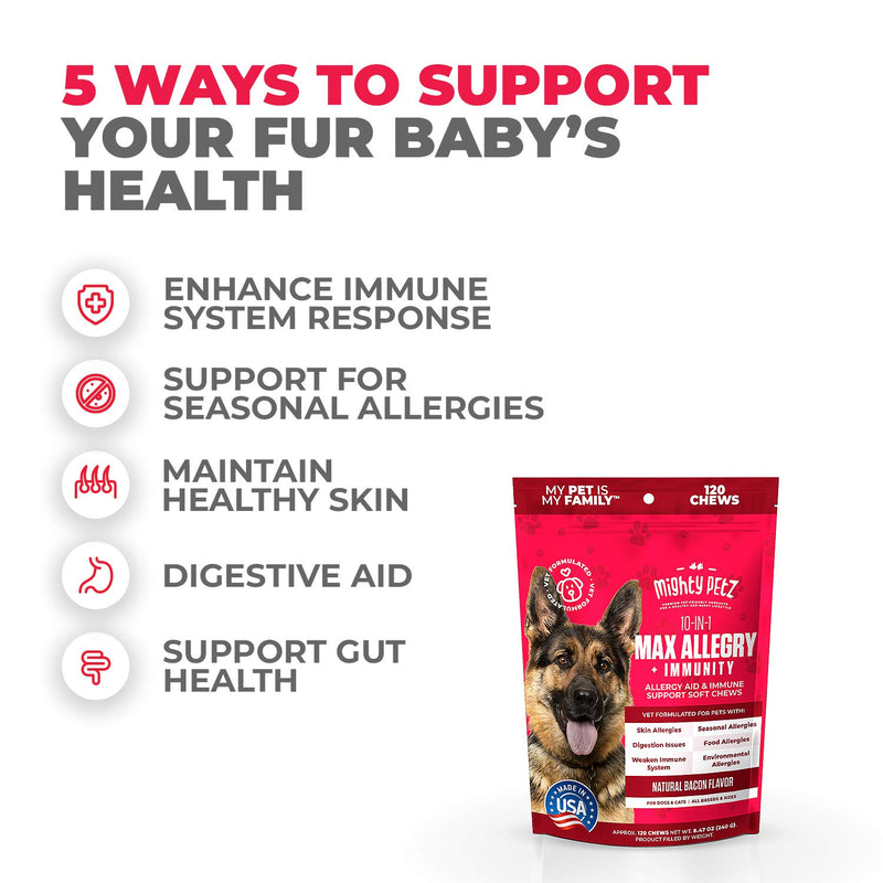 MAX Dog Allergy Relief - Itch Free Skin - Immune Supplement with Omega 3 Fish Oil + Probiotics + Colostrum. Hot Spots + Seasonal Allergies + Digestive Support. Vet formulated 120 Chews for Dogs & Cats - PawsPlanet Australia