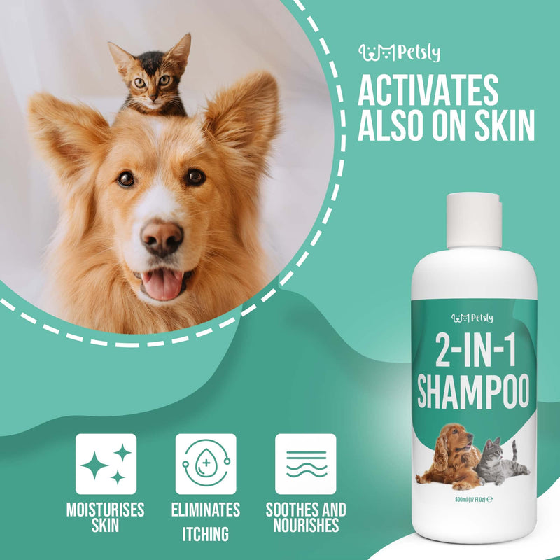 PETSLY 2-in-1 dog shampoo & cat shampoo with conditioner + aloe vera [500ml] - cleansing cat & dog shampoo fur care for cuddly soft pet fur, dog shampoo, sensitive dog shampoo - PawsPlanet Australia