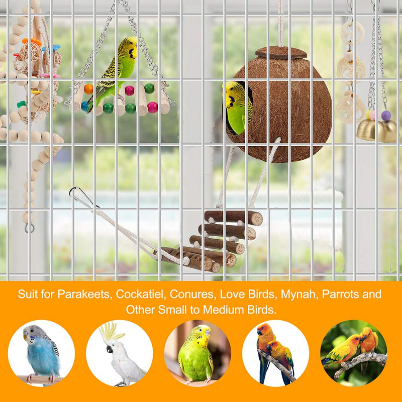 Bird Parakeet Toy Bird Cage Hammock Bird Perch Natural Coconut Hideaway with Ladder Swing Chewing Hanging Bell Toy with Mirror for Parrots,Parakeet,Conure,Cockatiel,Budgerigar,Love Birds,Mynah,Finches - PawsPlanet Australia