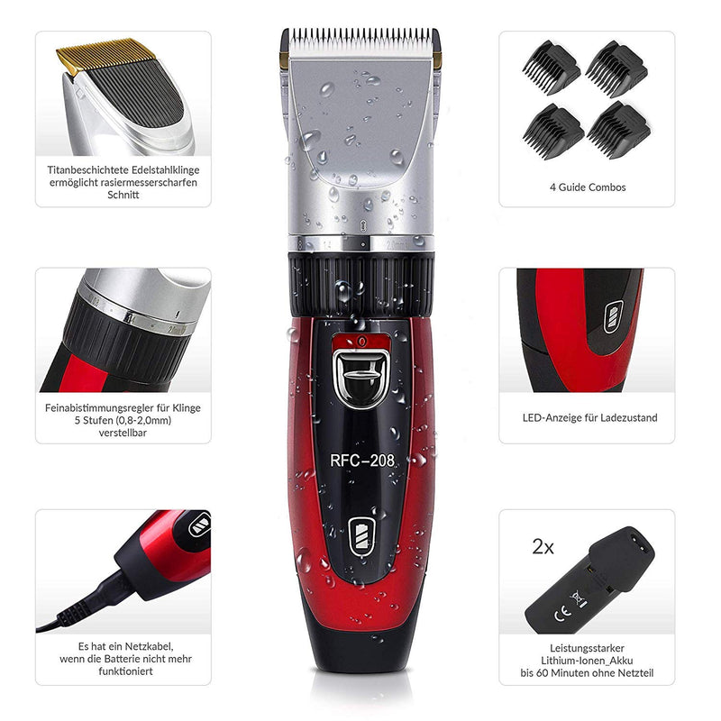 Ceramics RFC-208 Pet Grooming Kit Quiet and Low-Noise Pet Hair Trimmer with Turbo Sense Technology and 4 Attachments for 25 Cutting Lengths, Wireless Rechargeable Pet Hair Trimmer Red - PawsPlanet Australia