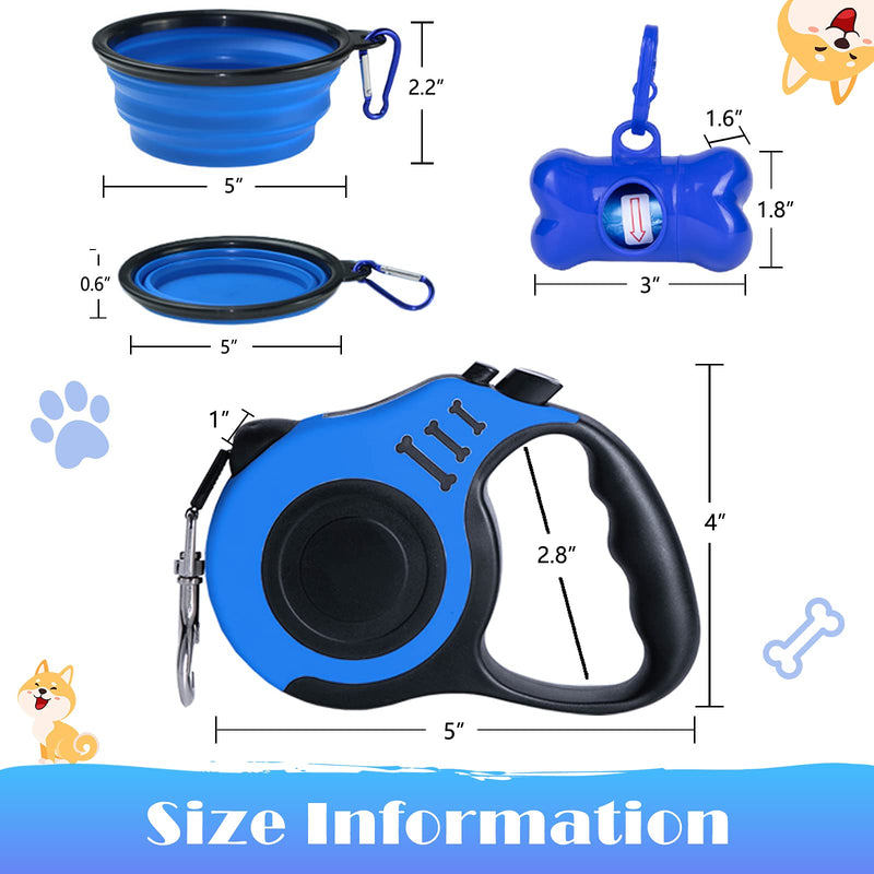 Dunhuang Retractable Dog Leash for X-Small/Small/Medium Dogs up to 22 lbs, 10 FT 360° Tangle Free Pet Walking Leash with 1 Collapsible Silicone Dog Bowl + 1 Waste Bag Dispenser + 3 Waste Bag Blue 10ft (for Dogs Up to 22lbs) - PawsPlanet Australia