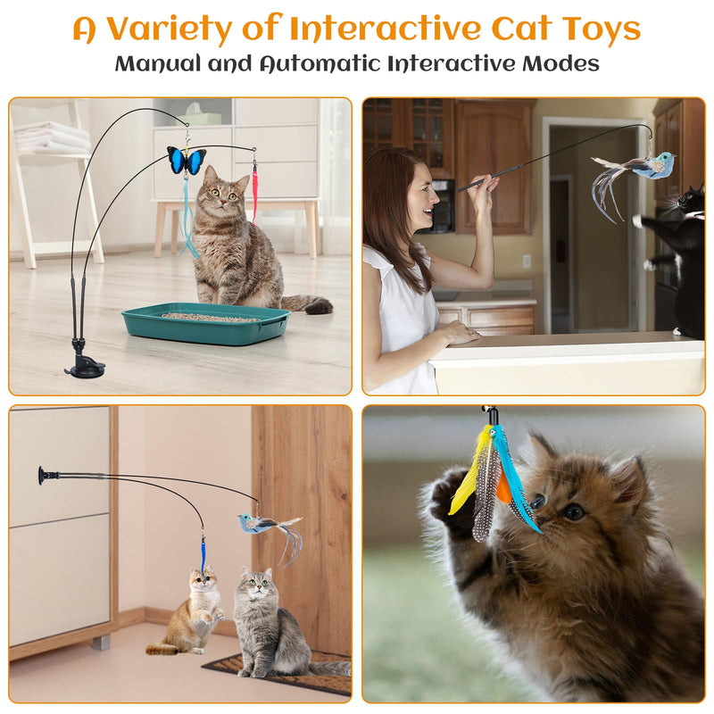 MEYDLL Pack of 14 Interactive Cat Toys with Feather Cat Fishing Rod Cat Feather Toy with 2 Hole Suction Cups for Kitten Cat Magic Wand Toy Wire with Bird Feathers Butterfly Worm Color 1/14 Piece Cat Toy - PawsPlanet Australia